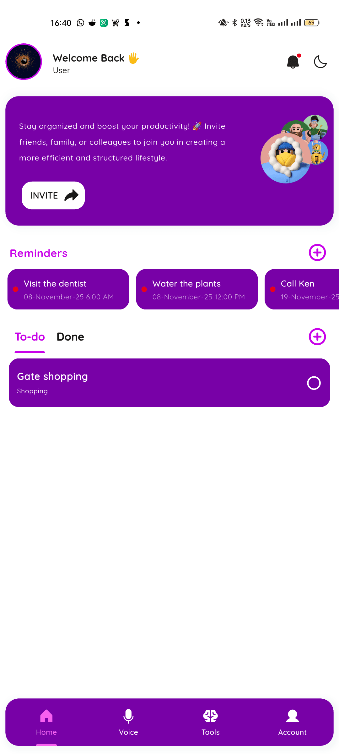 Archived Nobot app screen showing reminders, tasks, and voice navigation
